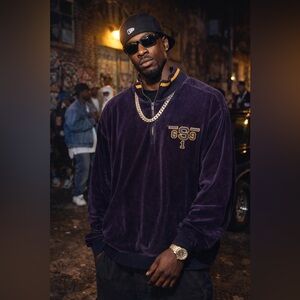 Sean John Vintage Navy/Yellow Velour Half-Zip Sweatshirt with stitched logo Y2K